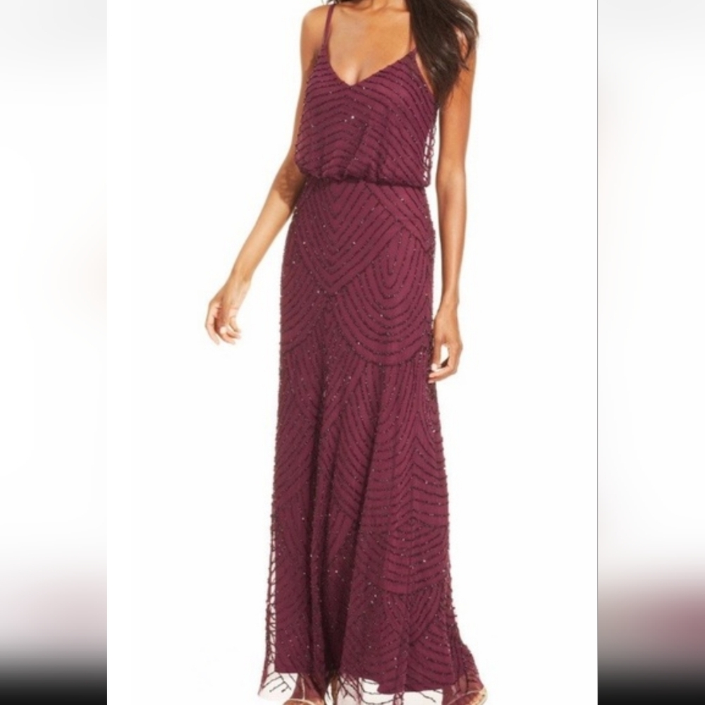 Adrianna Papell Burgundy Beaded Evening Gown. Size 8.